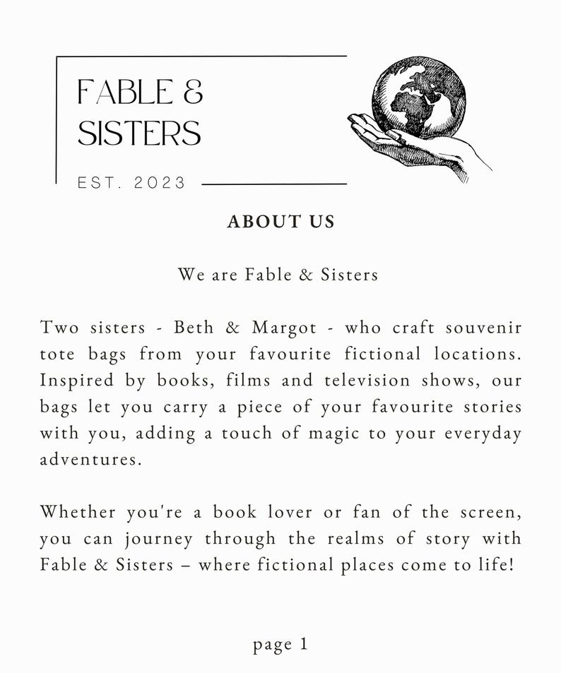 May include: The Fable & Sisters logo, with the text "FABLE & SISTERS EST. 2023" above "ABOUT US". A hand holds a globe illustration. The text describes souvenir tote bags inspired by books, films, and TV shows.