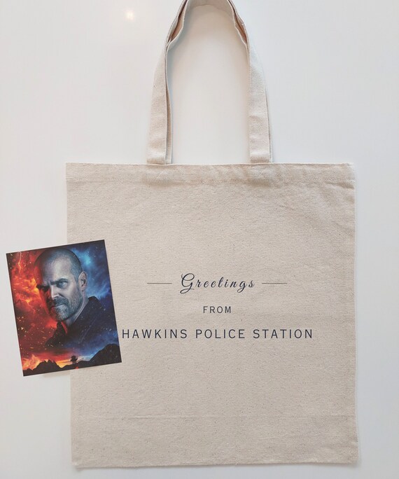 Stranger Things HAWKINS POLICE STATION Tote Bag | 80s Retro Nostalgia Gift | Steve Harrington Merch | Halloween Bag | Netflix Merchandise