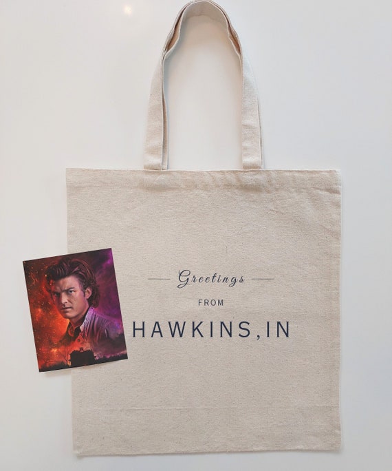 Stranger Things HAWKINS INDIANA Tote Bag | 80s Retro Nostalgia Gift | Steve Harrington Merch | Halloween Bag | Netflix Merchandise |