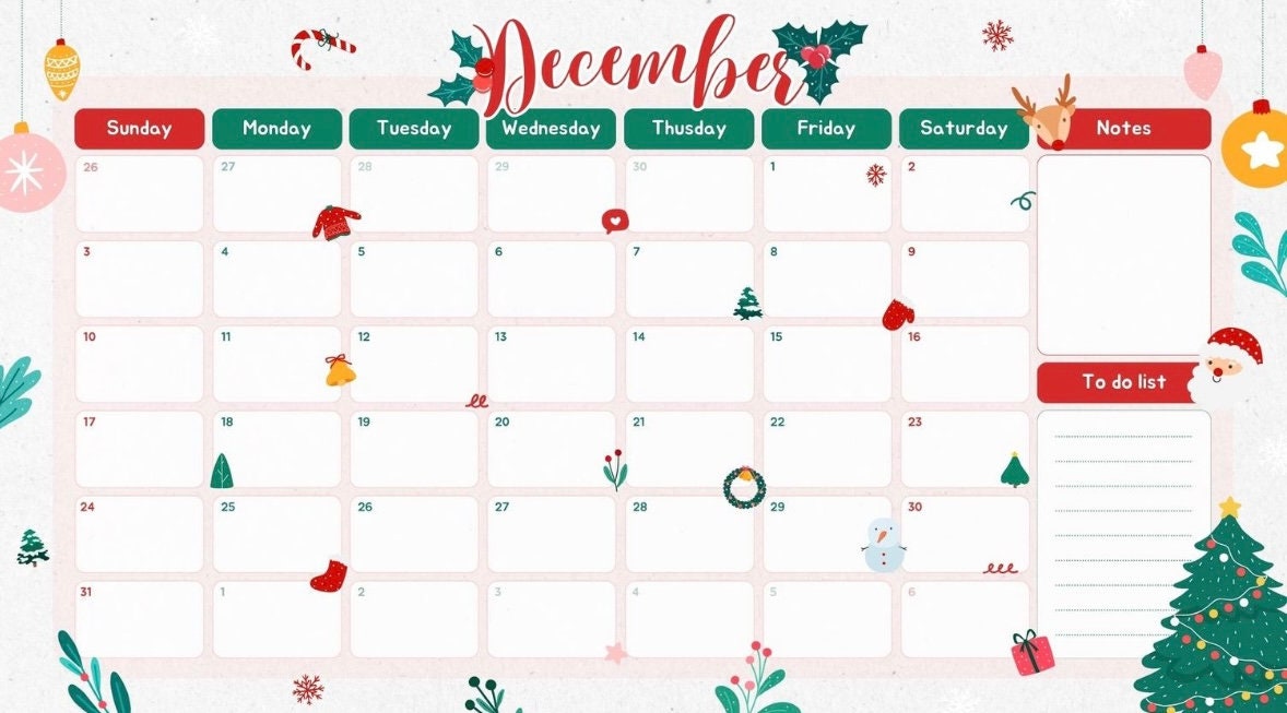 December 2023 Christmas Themed Calendar Printable green Etsy