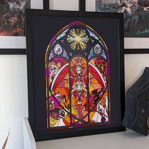 May include: A stained glass window design featuring a heart-shaped frame with a red, orange, and yellow color scheme. The design includes multiple characters with wings and halos, including a central figure with red wings and a halo.