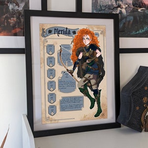 Illustrazione del poster ranger Disney Brave Merida, scheda personaggio D&D, stampa Dungeons and Dragons, gioco di ruolo fantasy