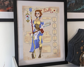 Disney Belle wizard poster illustration, D&D character sheet, Print Dungeons and Dragons Beauty and the Beast, fantasy role-playing