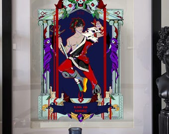 Hades illustration print, videogame, Zagreus, Chronos mythology greek, red foil premium print coated paper, god of blood darkness