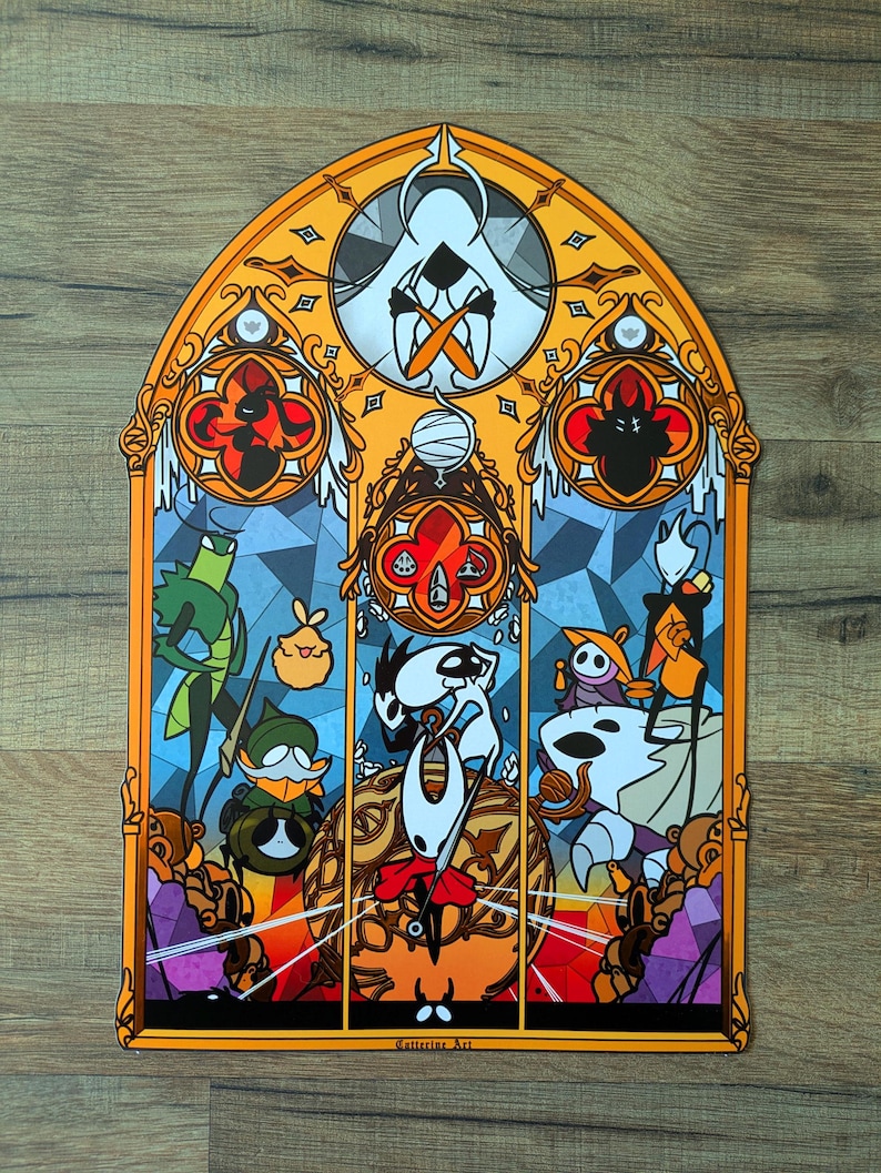 May include: A stained glass-style artwork with a gothic arch frame, depicting stylized characters. The artwork uses a vibrant colour palette with orange, blue, and red hues. The design includes various figures and geometric patterns, similar to a church window.