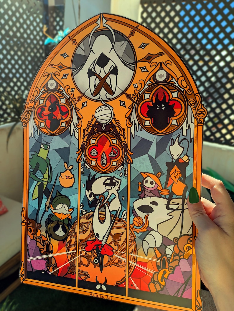 Hollow Knight, Silksong merch, Hornet Illustration Print, Hollow knight merch, stained glass, flea green prince Shakra Sherma Garmond Large Premium