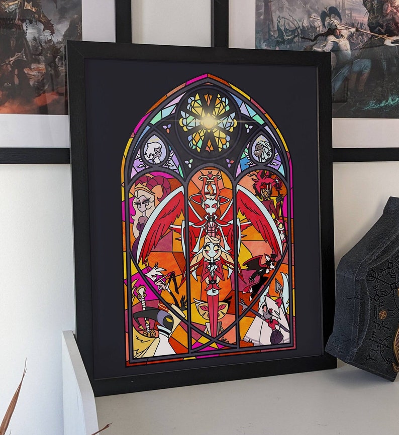 May include: A stained glass window design featuring a heart-shaped frame with a red, orange, and yellow color scheme. The design includes multiple characters with wings and halos, including a central figure with red wings and a halo.
