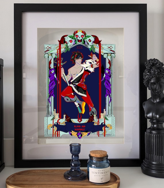 Hades illustration print, videogame, Zagreus, Chronos mythology greek, red foil premium print coated paper, god of blood darkness