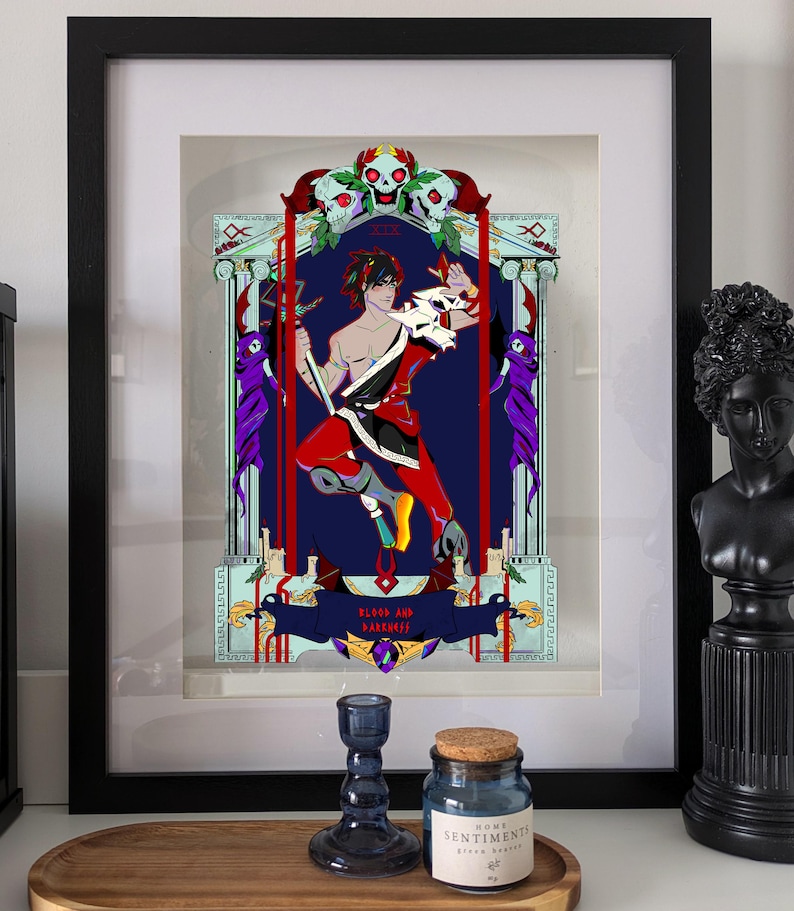 Hades illustration print, videogame, Zagreus, Chronos mythology greek, red foil premium print coated paper, god of blood darkness image 1