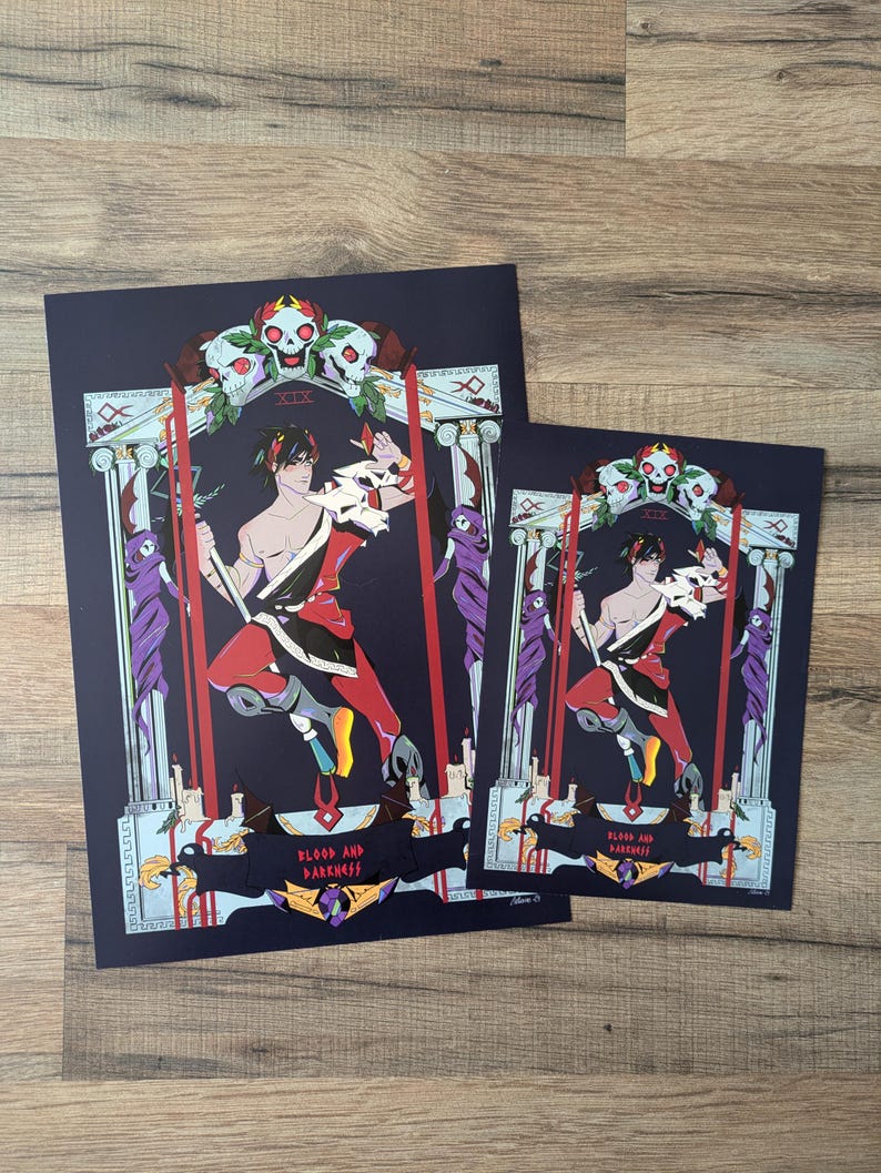 Hades illustration print, videogame, Zagreus, Chronos mythology greek, red foil premium print coated paper, god of blood darkness A5