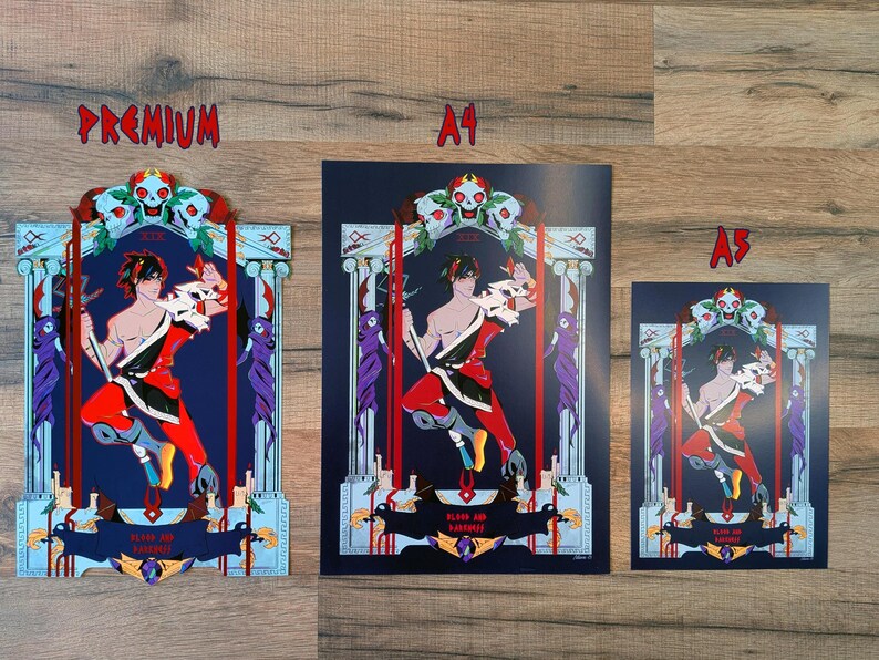 Hades illustration print, videogame, Zagreus, Chronos mythology greek, red foil premium print coated paper, god of blood darkness image 6