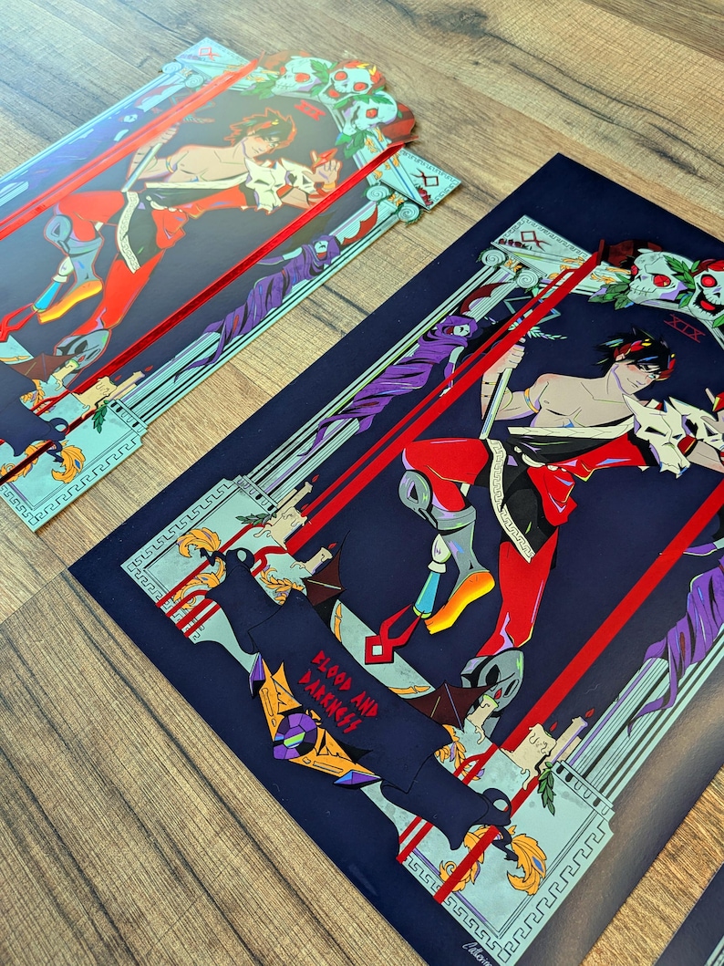 Hades illustration print, videogame, Zagreus, Chronos mythology greek, red foil premium print coated paper, god of blood darkness image 7