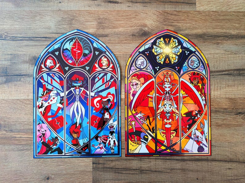 Has Been Hotel illustration print, series show, Alastor Angel Dust Husk Lucifer Niffty Charlie Vaggie Lilith Sera Emily Adam, stained glass image 3