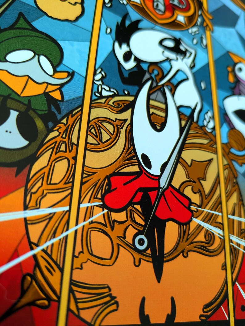 May include: A vibrant illustration of characters from the video game Hollow Knight. The main character is a white-headed figure in a red cape, holding a needle-like weapon. The background is a stained-glass style design with orange, yellow, and blue tones.