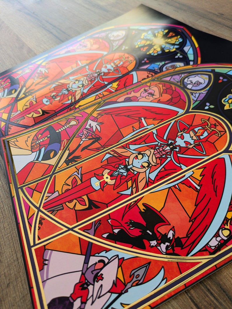 May include: A stained glass style print featuring a red, black, and white character with wings and a halo. The character is holding a sword and a key. The background is a vibrant orange and yellow.