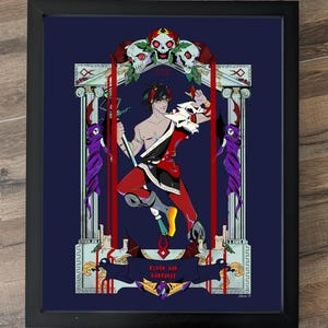 Hades illustration print, videogame, Zagreus, Chronos mythology greek, red foil premium print coated paper, god of blood darkness A4