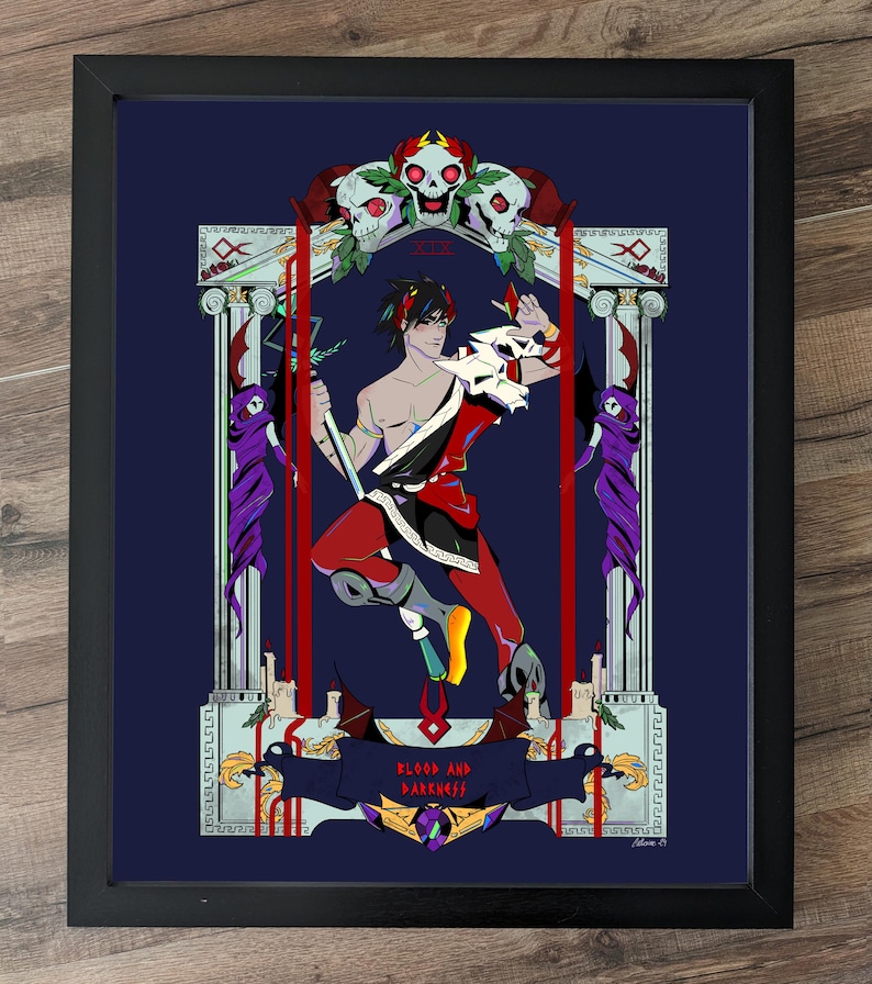 Hades illustration print, videogame, Zagreus, Chronos mythology greek, red foil premium print coated paper, god of blood darkness A4
