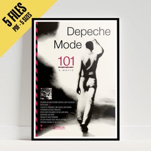 Puede incluir: Un póster enmarcado de la película "101" de Depeche Mode. El póster presenta el nombre de la banda y el título de la película en texto blanco sobre una imagen en blanco y negro de una persona con el brazo levantado. El póster tiene un marco negro.