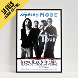 Könnte beinhalten: Ein schwarz-weißes Werbeplakat für ein Depeche Mode Konzert. Das Plakat zeigt ein Foto der Bandmitglieder, den Text "Depeche Mode", "Devotional Tour", "Songs of Faith and Devotion" sowie das Datum und den Ort des Konzerts: "Jueves 15 de Julio 22h. Plaza de Toros Las Ventas".