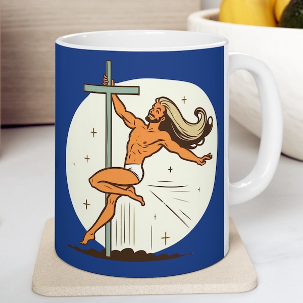 Retro Jesus Pole Dancer Mug, Pole Dance Jesus Mug, Jesus Pole Dancing on a cross, Funny Jesus Mug, Funny Pole Dance Gift