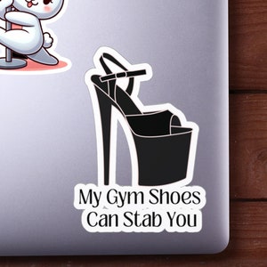 Könnte beinhalten: Ein Laptop mit drei Aufklebern. Die Aufkleber zeigen ein weißes Kaninchen, das auf einer Stange tanzt, einen schwarzen High-Heel-Schuh und einen schwarz-weißen Aufkleber mit der Aufschrift "Train Both Sides". Der Laptop befindet sich auf einer Holzoberfläche.