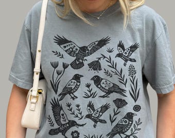 Cottagecore Floral Crow Shirt | Folk Art Raven Tee