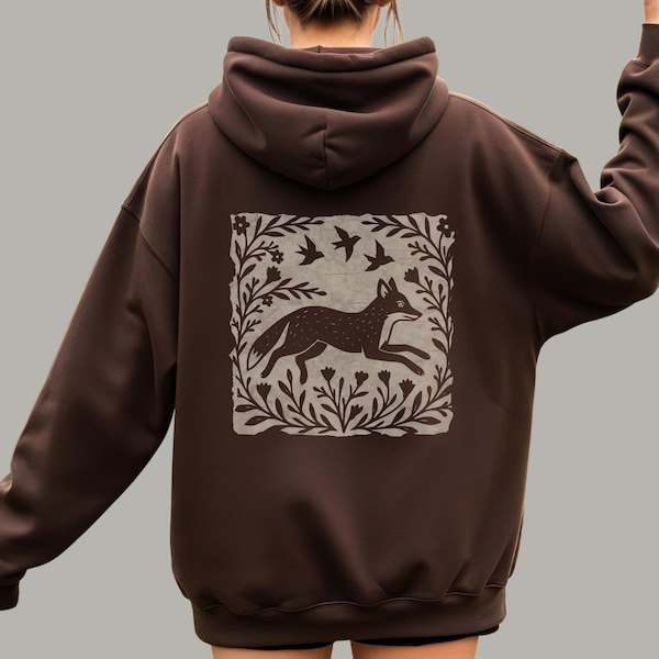 Woodland Fox Folkart Hooded Sweatshirt | Linocut Style Graphic Hoodie