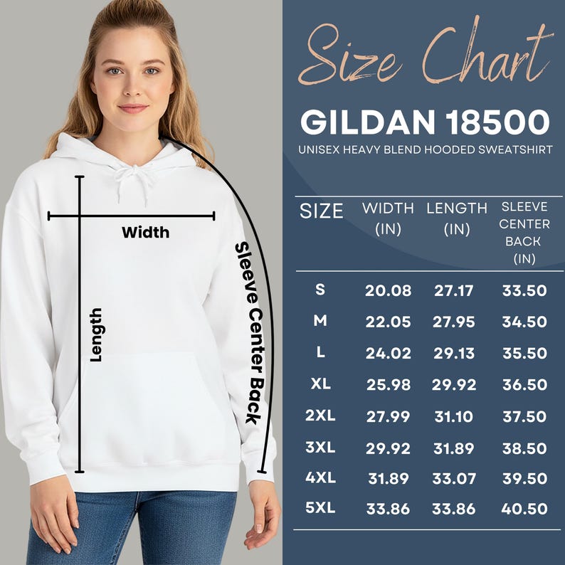 Op de afbeelding: Een witte unisex hoodie van zware mix met een maattabel. De tabel geeft afmetingen voor breedte, lengte en mouwcentrum achter in inches voor maten S t/m 5XL. Het model draagt de hoodie.