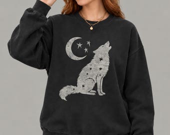 Celestial Wolf & Moon Comfort Colors Lightweight Crewneck Sweatshirt
