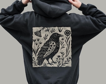 Floral Folk Art Raven Hoodie | Botanical Crow Sweatshirt