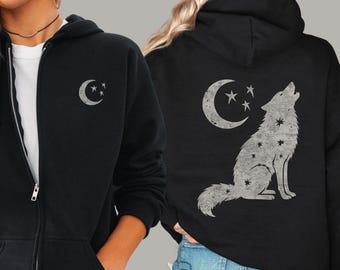 Celestial Wolf & Moon Zip Up Hoodie | Mystical Wolf Sweatshirt