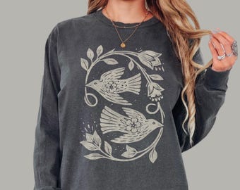 Botanical Birds Long Sleeved Tee | Cottagecore Linocut Style | Comfort Colors Shirt