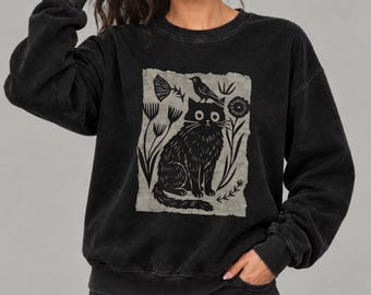 Floral Cat and Bird Comfort Colors Lightweight Crewneck Sweatshirt