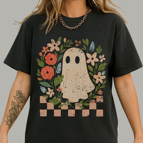 Boho Floral Ghost Shirt | Retro Checkered Halloween Comfort Colors Tee