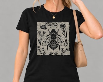 Women's Floral Folk Art Bee Tee | Cottagecore Botanical Honey-Bee Graphic Shirt