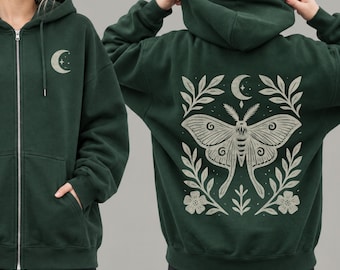 Luna Moth Zip-Up Hoodie | Linocut Style Cottagecore Sweatshirt