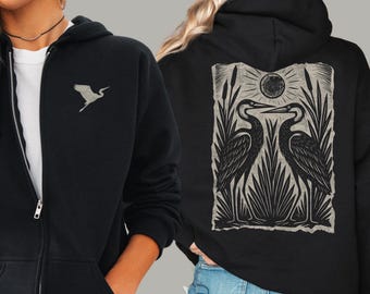 Heron Folk Art Zip Up Hoodie | Linocut Style Graphic Bird Sweatshirt