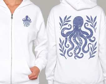 Octopus Zip Up Hoodie | Sea Life Linocut Style Graphic | Coastal Sweatshirt