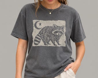Raccoon & Moon Tee | Linocut Style Shirt