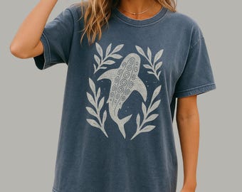Whale Shark Folk Art Tee | Linocut Style Coastal Graphic Shirt
