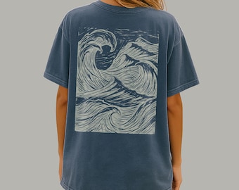 Ocean Wave Back Print Tee | Comfort Colors Linocut Style Surf Shirt
