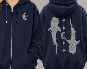 Celestial Whale Shark Zip Up Hoodie | Moon & Stars Oceancore Sweatshirt
