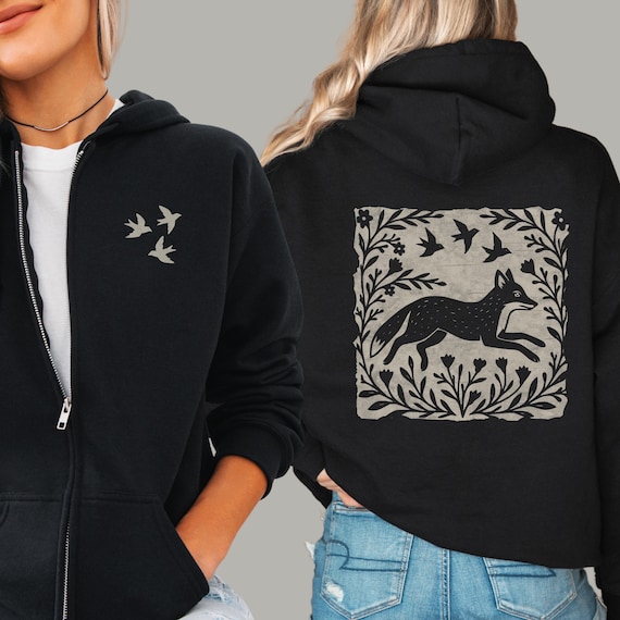 Woodland Fox Folkart Zip-Up Hooded Sweatshirt | Linocut Style Graphic Hoodie