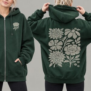Cottagecore Wildflower Zip-Up Hoodie | Boho Floral Linocut Style Graphic Sweatshirt