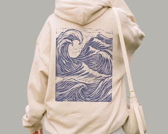 Ocean Wave Hoodie |  Linocut Style Summer Surf Sweatshirt