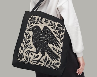 Gothic Raven Polyester Tote | Dark Academia Linocut Style | Witchy Crow Bag