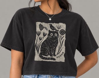 Boxy Crop Top Floral Cat and Bird Tee