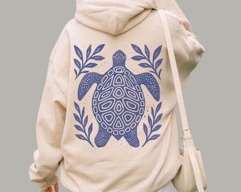 Sea Turtle Linocut Style Hoodie | Coastal Graphic Sweatshirt