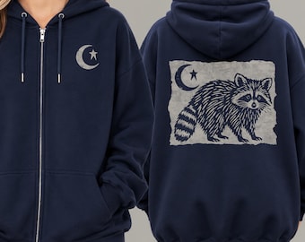 Raccoon & Moon Zip Up Hoodie | Linocut Style Sweatshirt