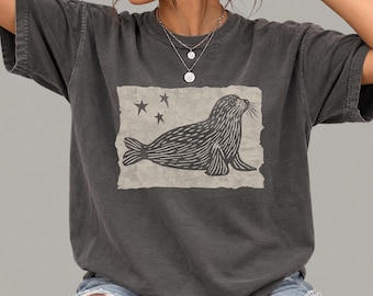 Harbor Seal Tee | Linocut Style Comfort Colors Shirt